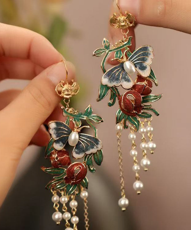 Gold Sterling Silver Overgild Pearl Butterfly Tassel Drop Earrings