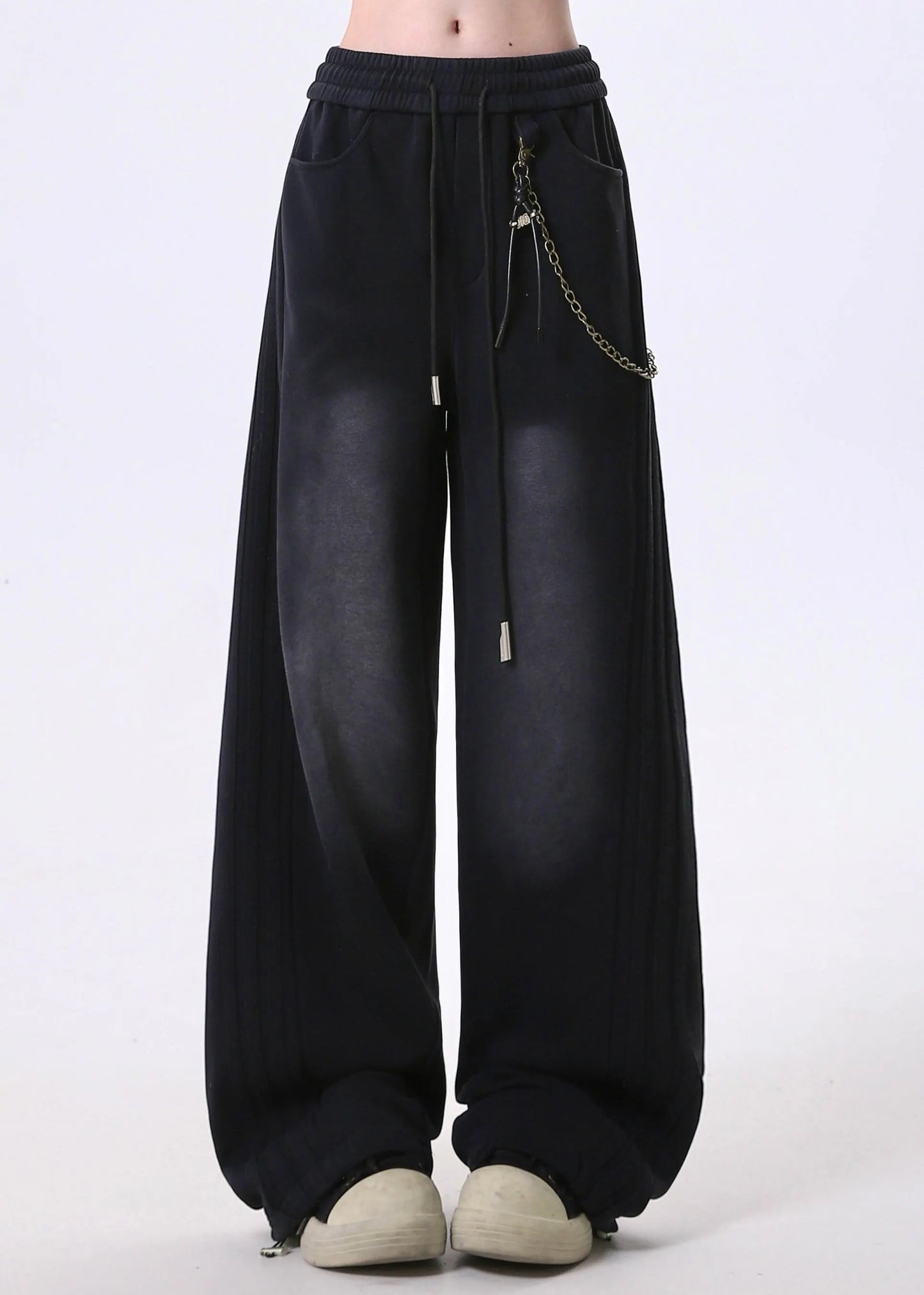 Grey Pockets Patchwork Elastic Waist Cotton Pants Spring