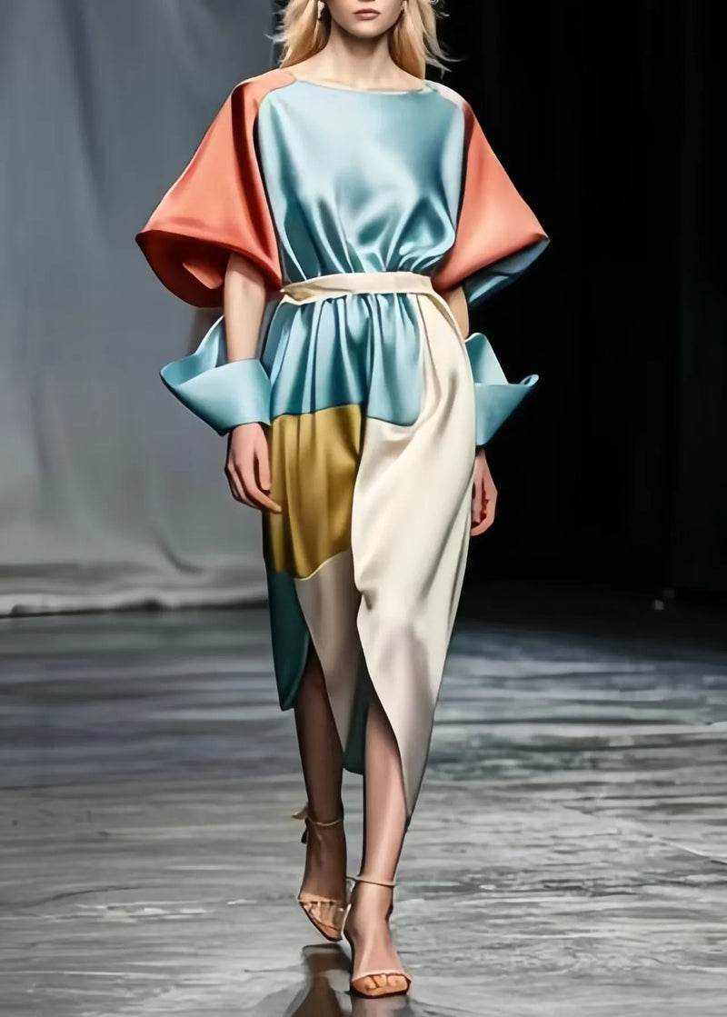 Sky Blue Tie Waist Patchwork Side Open Silk Dresses Puff Sleeve