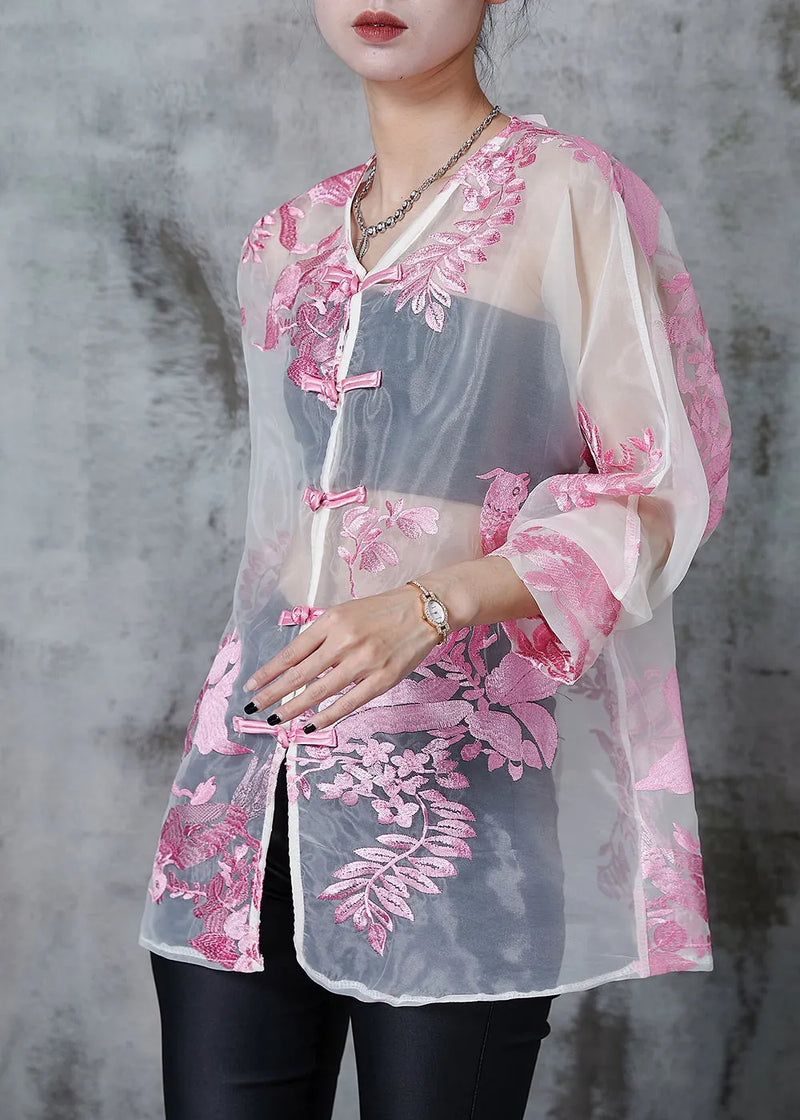 Pink Embroidered Organza Upf 50+ Tops Summer
