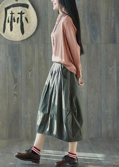 Boutique Green Pockets Lantern Cotton Linen Summer Skirt
