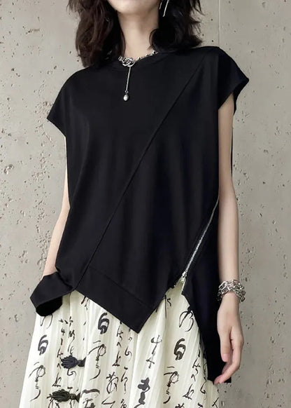 Black O-neck Zippered Top Summer