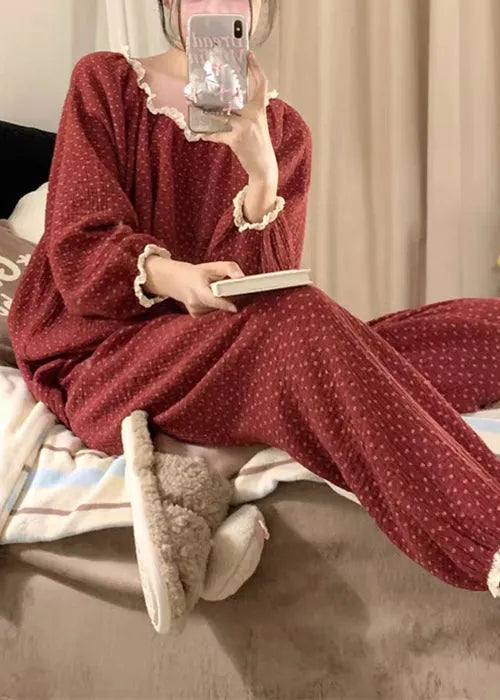 Red Dot Lace Patchwork Cotton Pajamas Two Pieces Set Fall