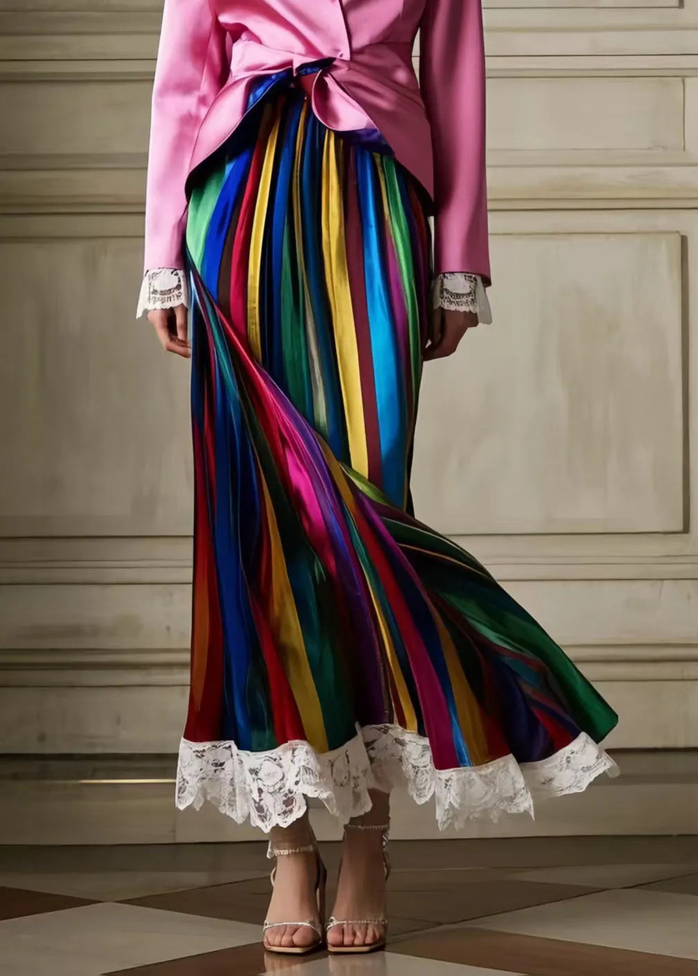 Multicolour Striped Patchwork Lace Silk Pleated Skirt Summer