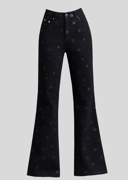 Slim Fit Black Pockets Print Denim Flared Trousers Spring