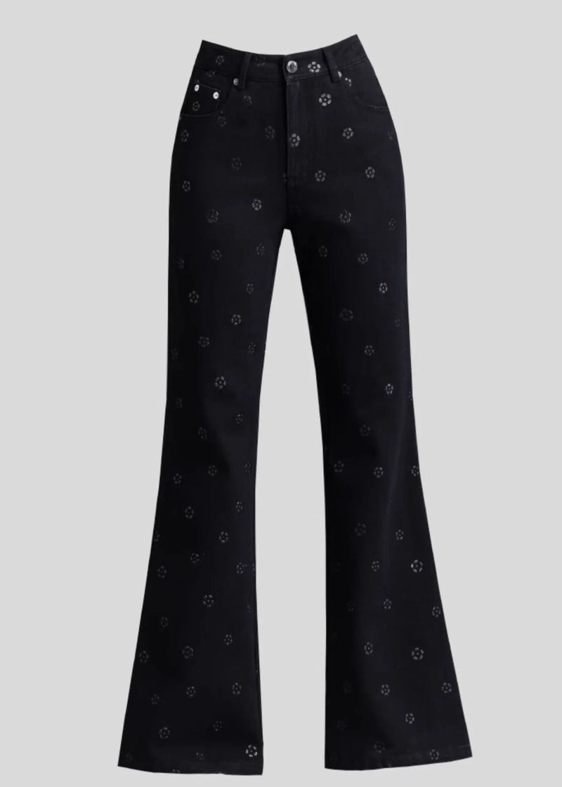 Slim Fit Black Pockets Print Denim Flared Trousers Spring