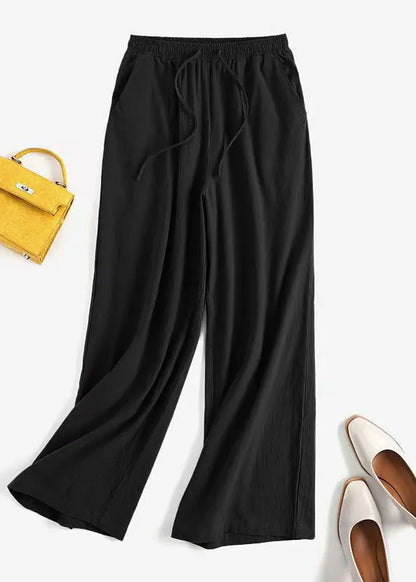 Khaki Elastic Waist Pockets Wide Leg Pants Summer
