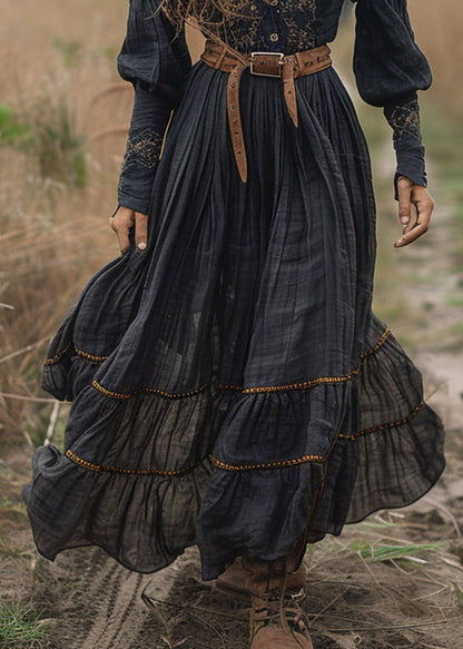 Black V Neck Print Wrinkled Cotton Long Dress Fall