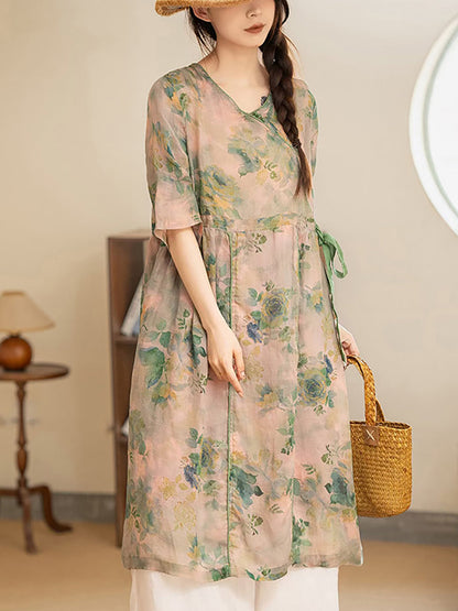 Summer Flower Strap V-neck Ramie Dress