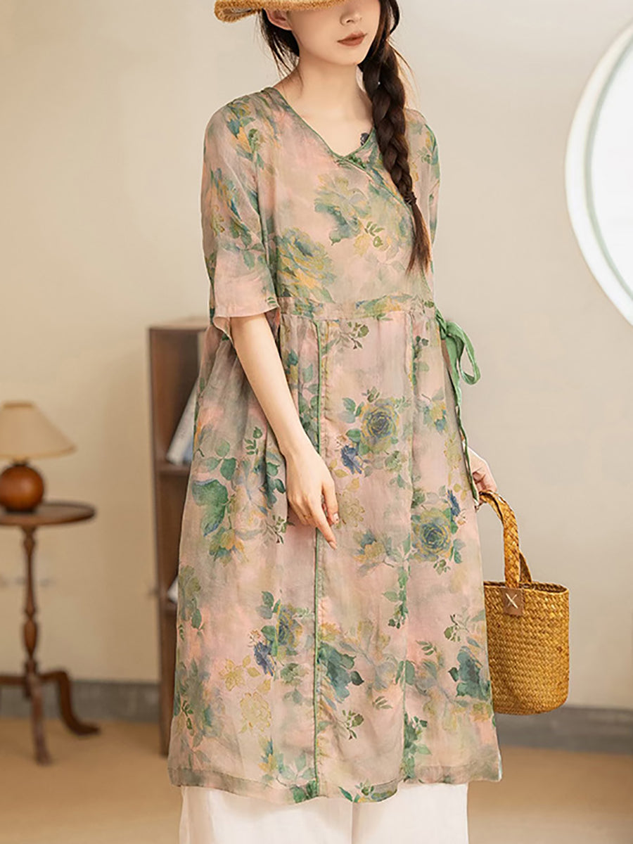 Summer Flower Strap V-neck Ramie Dress