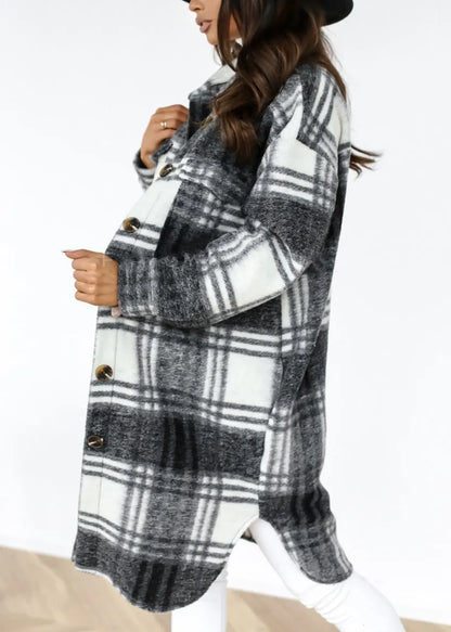 Black Peter Pan Collar Plaid Woolen Shirts Coat Spring