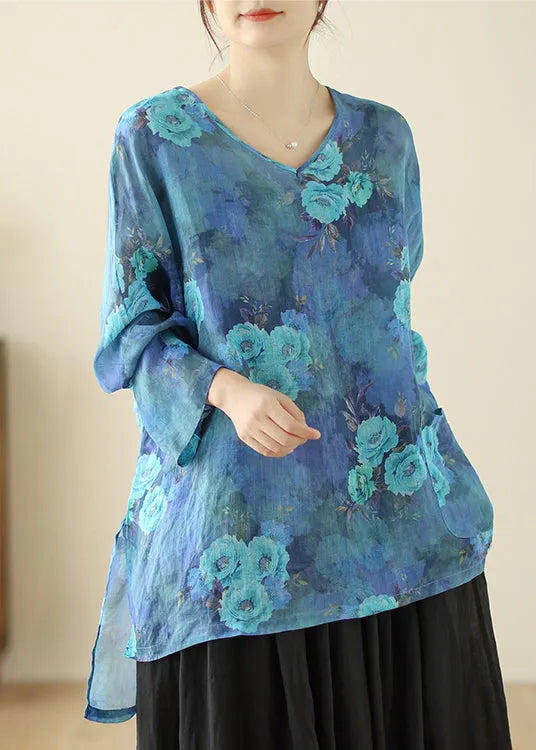 Style Blue Oversized Linen Shirt Tops Spring
