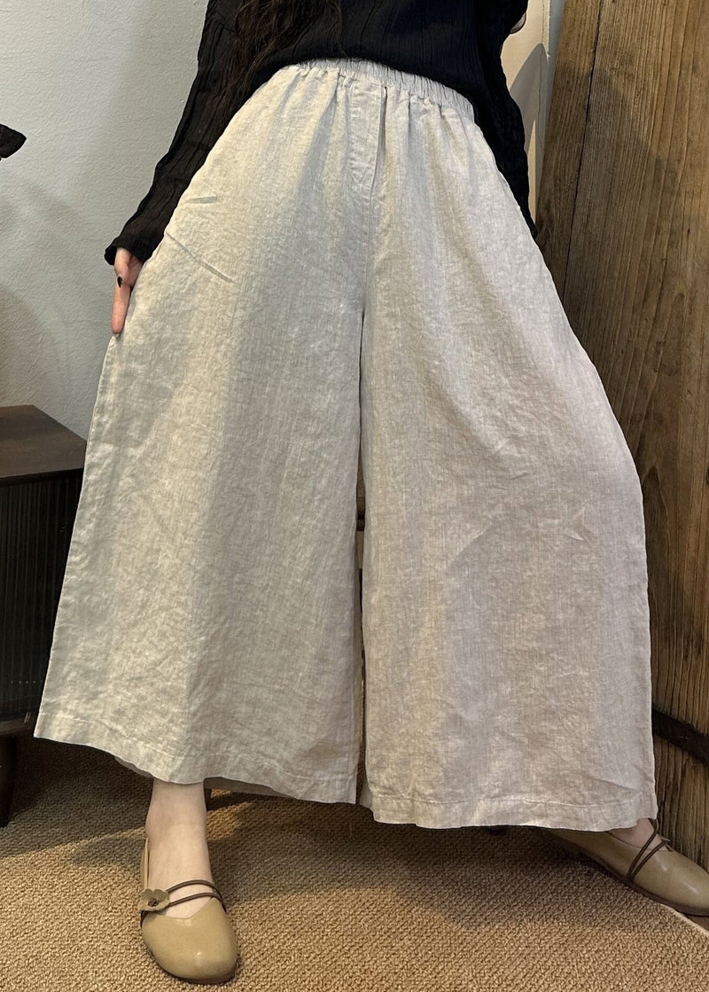 Loose Khaki Elastic Waist Linen Wide Leg Pants Summer