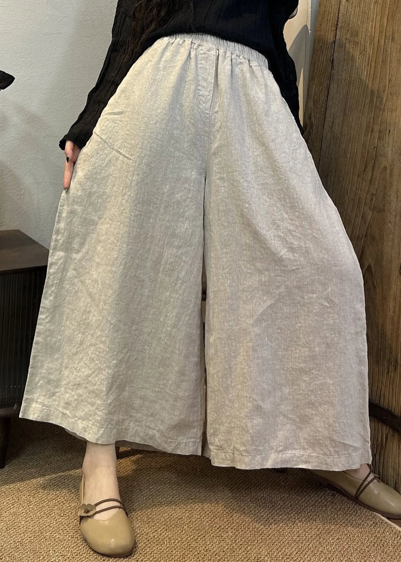 Loose Khaki Elastic Waist Linen Wide Leg Pants Summer