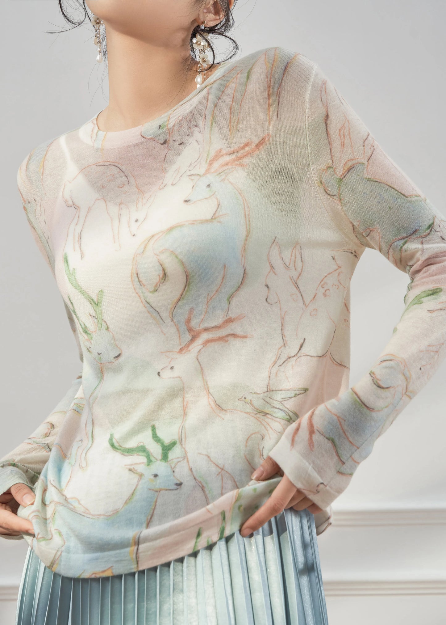 New O Neck Animal Print Thin Knit T Shirt Fall