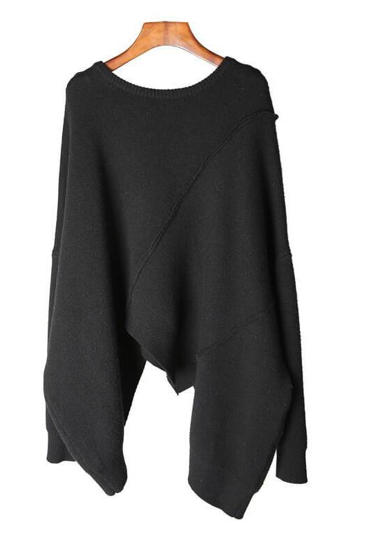 O-neck Knitted Irregular Hem Pure Color Sweater