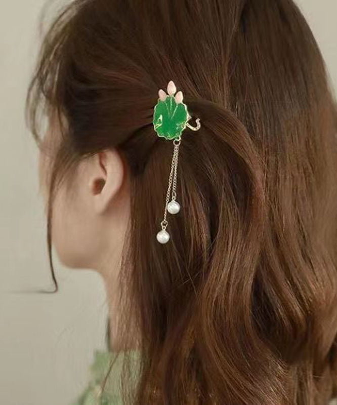 Green Sterling Silver Alloy Pearl Lotus Leaves Hairpin