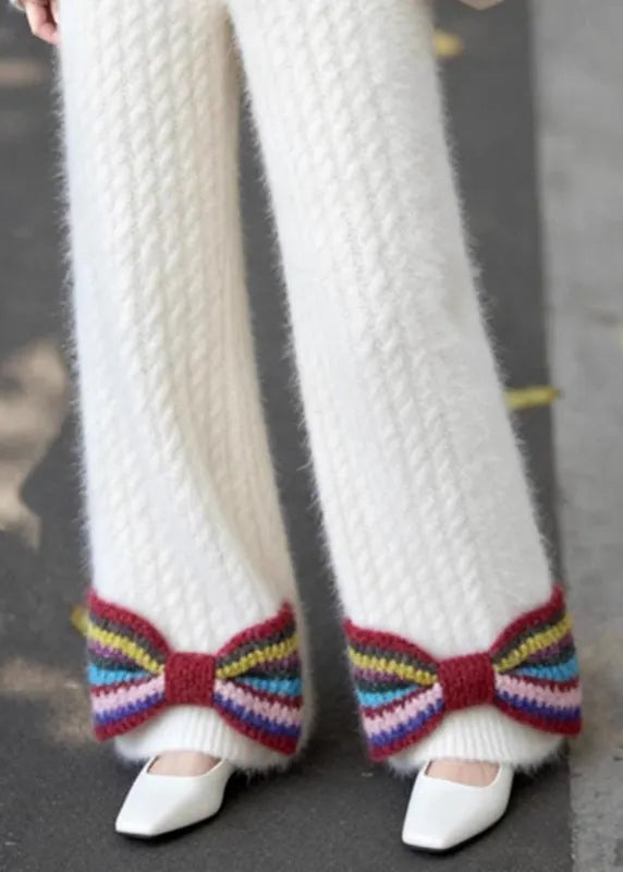 French White Pockets Bow Elastic Waist Knit Pants Fall