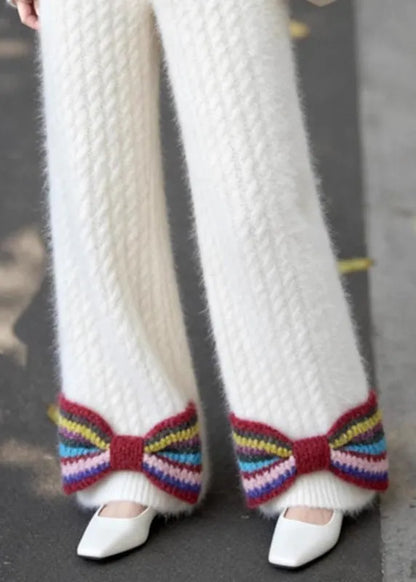 French White Pockets Bow Elastic Waist Knit Pants Fall