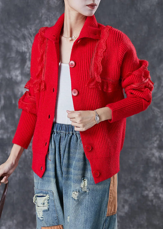 Red Peter Pan Collar Lace Patchwork Knit Coats Winter