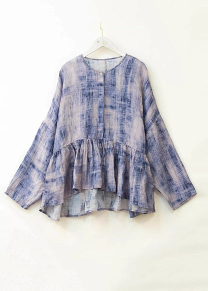 Blue O Neck Tie Dye Patchwork Cotton Top Spring