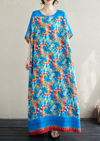 Blue Oversized Print Cotton Vacation Dress Batwing Sleeve