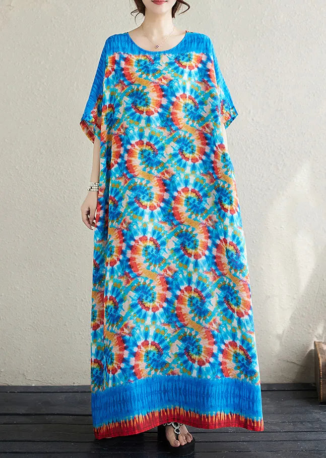 Blue Oversized Print Cotton Vacation Dress Batwing Sleeve
