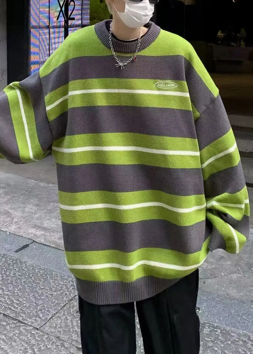 New Green O Neck Striped Knit Sweaters Winter
