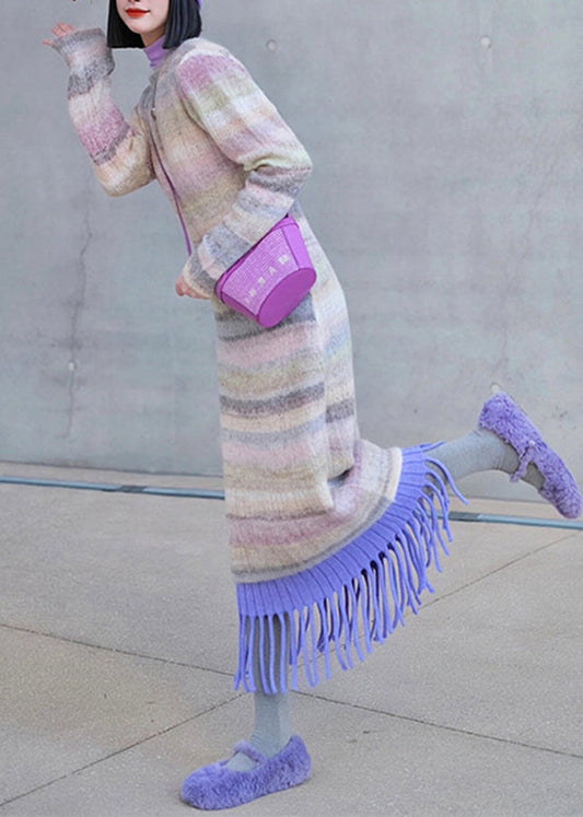 Striped O-neck Tassel Patchwork Ma Hai Mao Knit Dress Winter