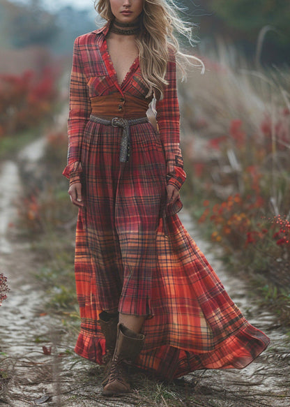 Pastoral Style Plaid Maxi Dress Long Sleeve