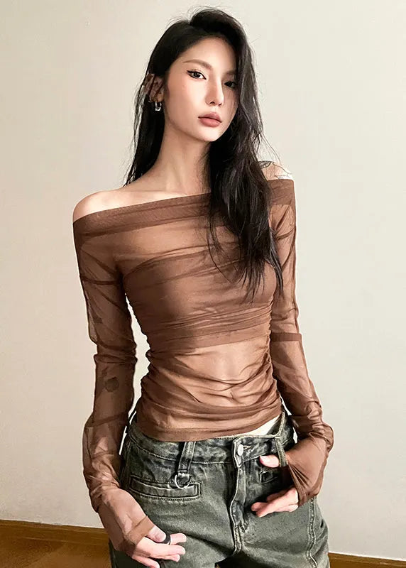 Brown Tulle Hollow One Line Neck Long Sleeved T Shirt Top