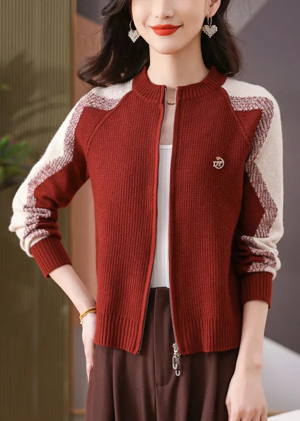 New Red O-neck Zip Up Patchwork Knit Coats Long Sleeve