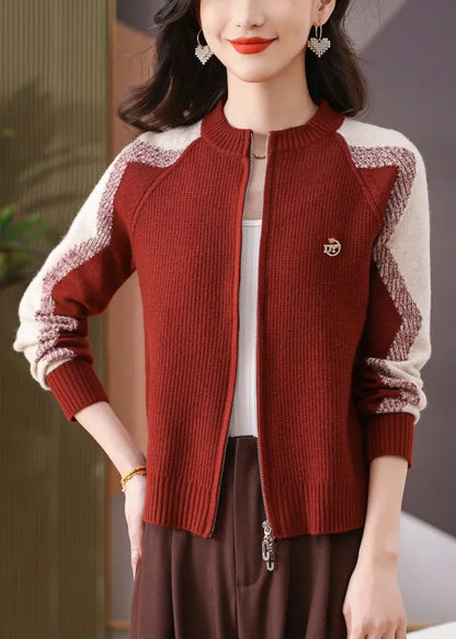 New Red O-neck Zip Up Patchwork Knit Coats Long Sleeve