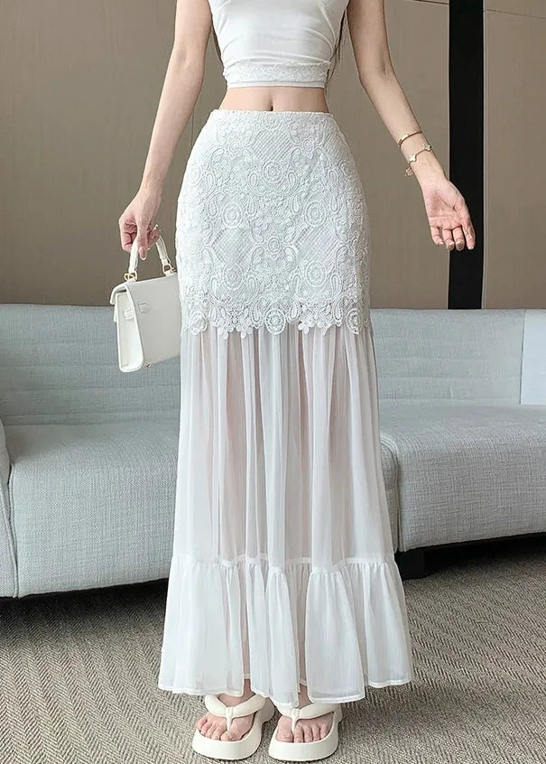White Wrinkled Lace Patchwork Tulle Summer Skirt High Waist
