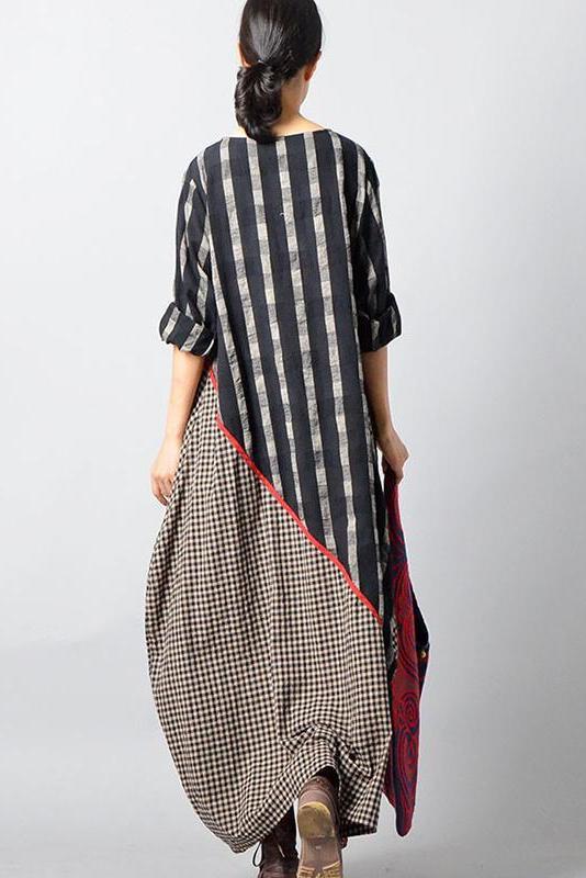 Limited Stock- Stripes Plaid Spliced Irregular Cotton Linen Dress