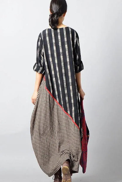 Limited Stock- Stripes Plaid Spliced Irregular Cotton Linen Dress
