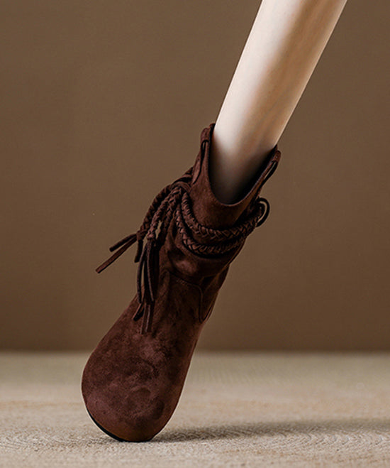 Khaki Tassel Wrinkled Splicing Suede Boots