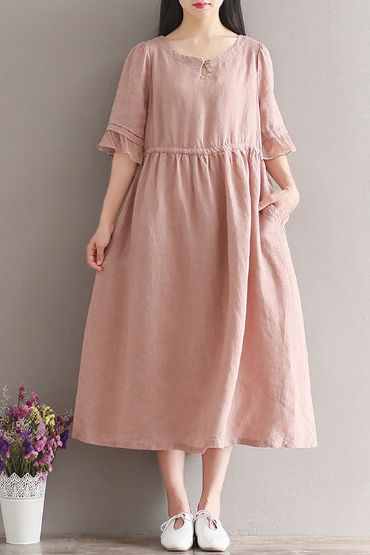 -summer Cotton Linen Dress Short Sleeve Pink Dress