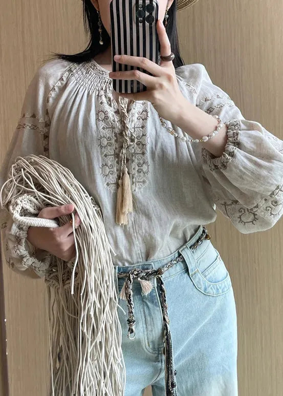Loose Apricot Embroidered Lace Up Linen Shirt Fall