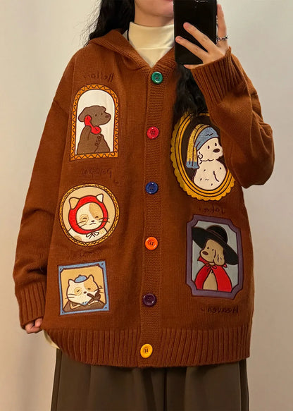 Brown Hooded Applique Button Knit Coats Spring
