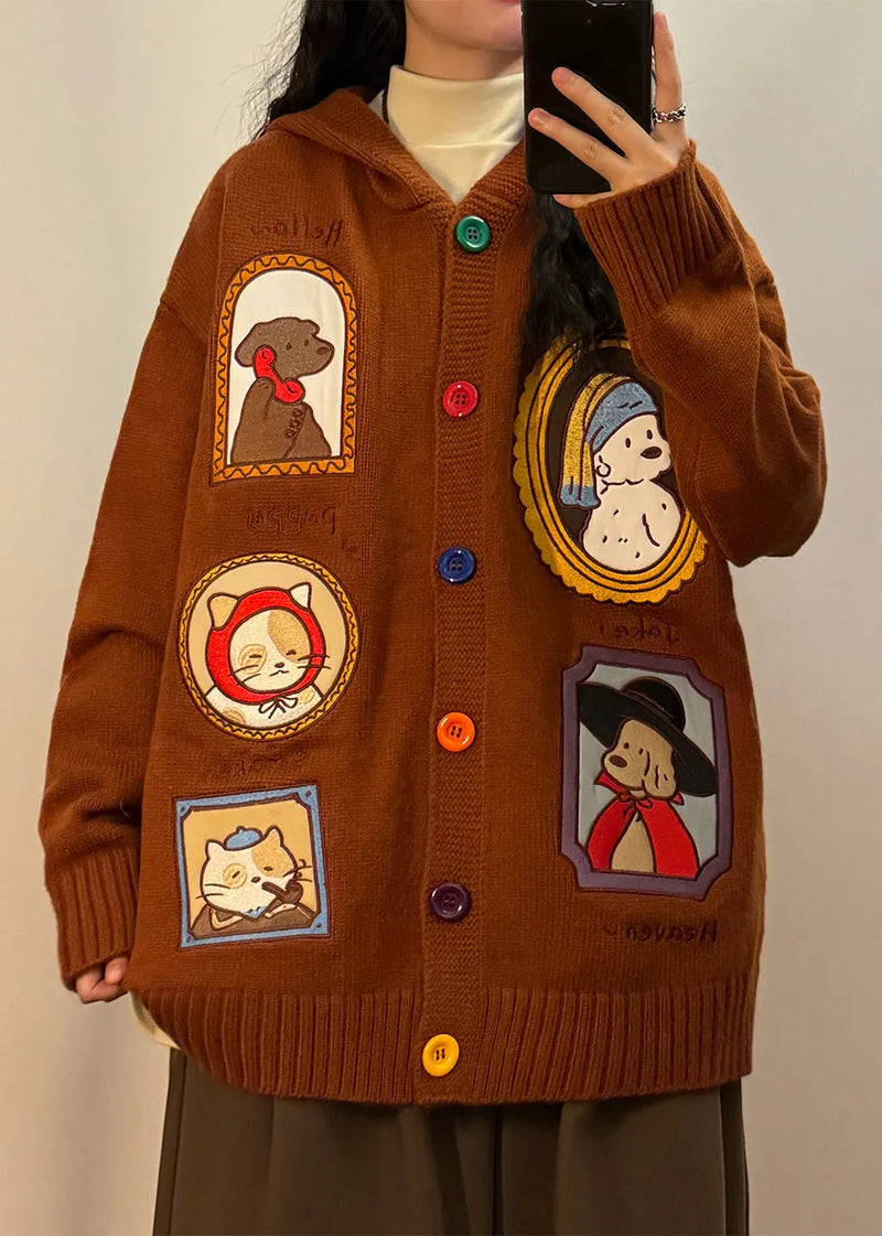 Brown Hooded Applique Button Knit Coats Spring