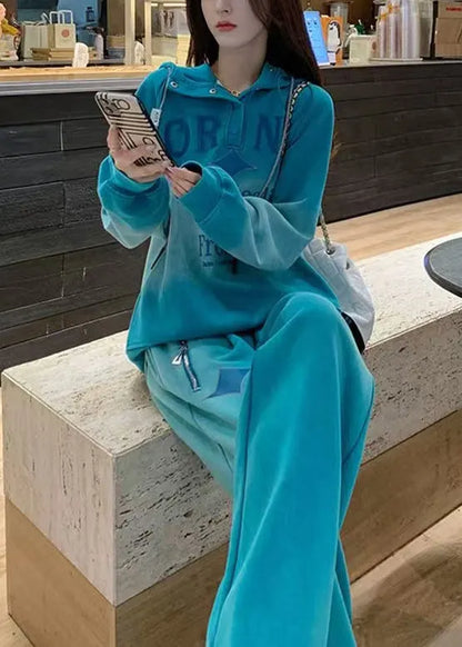 Blue Letter Sweatshirt and Pants Warm Fleece Two Pieces Set Hooded