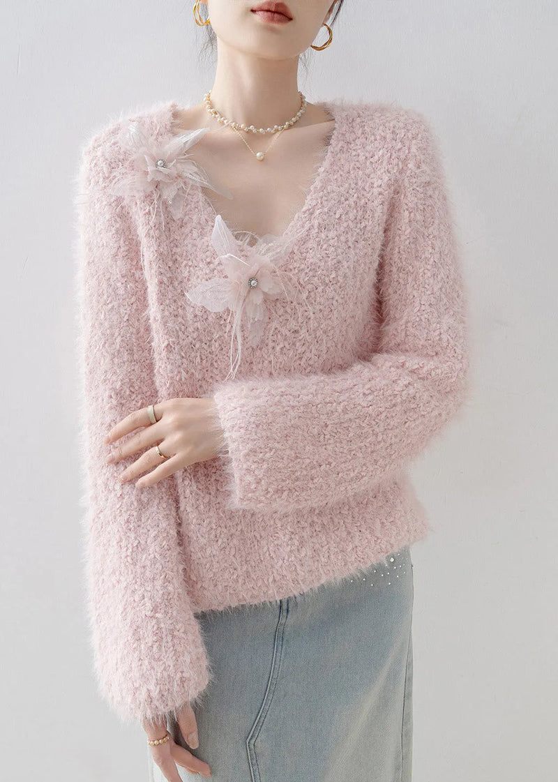 French Pink V Neck Knit Sweater Tops Spring
