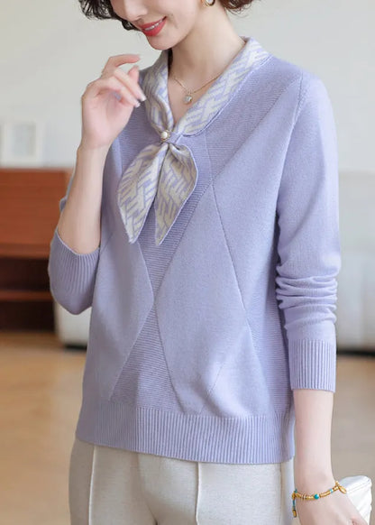Lavender Bow Neck Striped Knit Shirts Winter