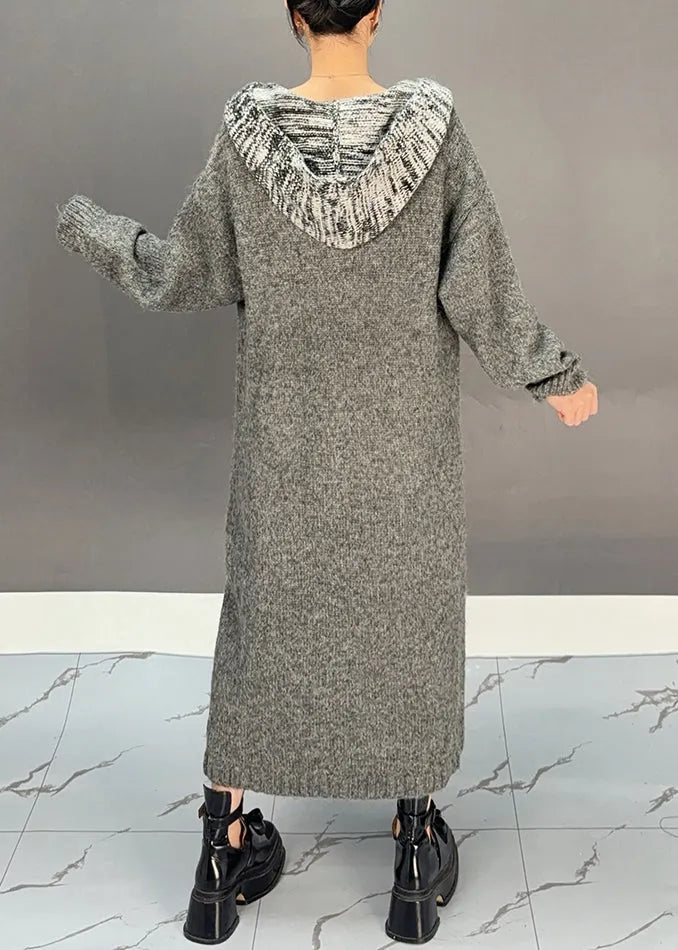 Dark Grey Patchwork Tassel Cotton Knit Hooded Cardigans Winter