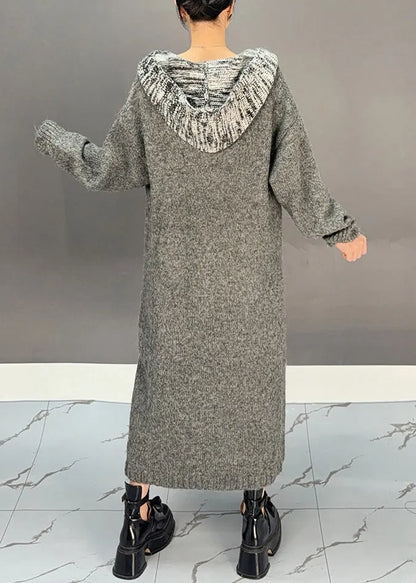 Dark Grey Patchwork Tassel Cotton Knit Hooded Cardigans Winter