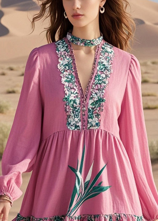 Diy Pink V Neck Print Cotton Work Dress Fall
