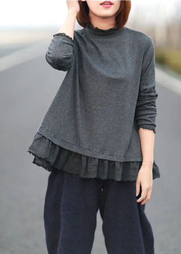 Chocolate Stand Collar Patchwork Ruffles Cotton Tops Spring