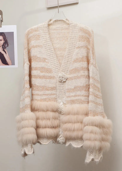 Striped Grey Fox Fur Patchwork Knit Cardigans Winter