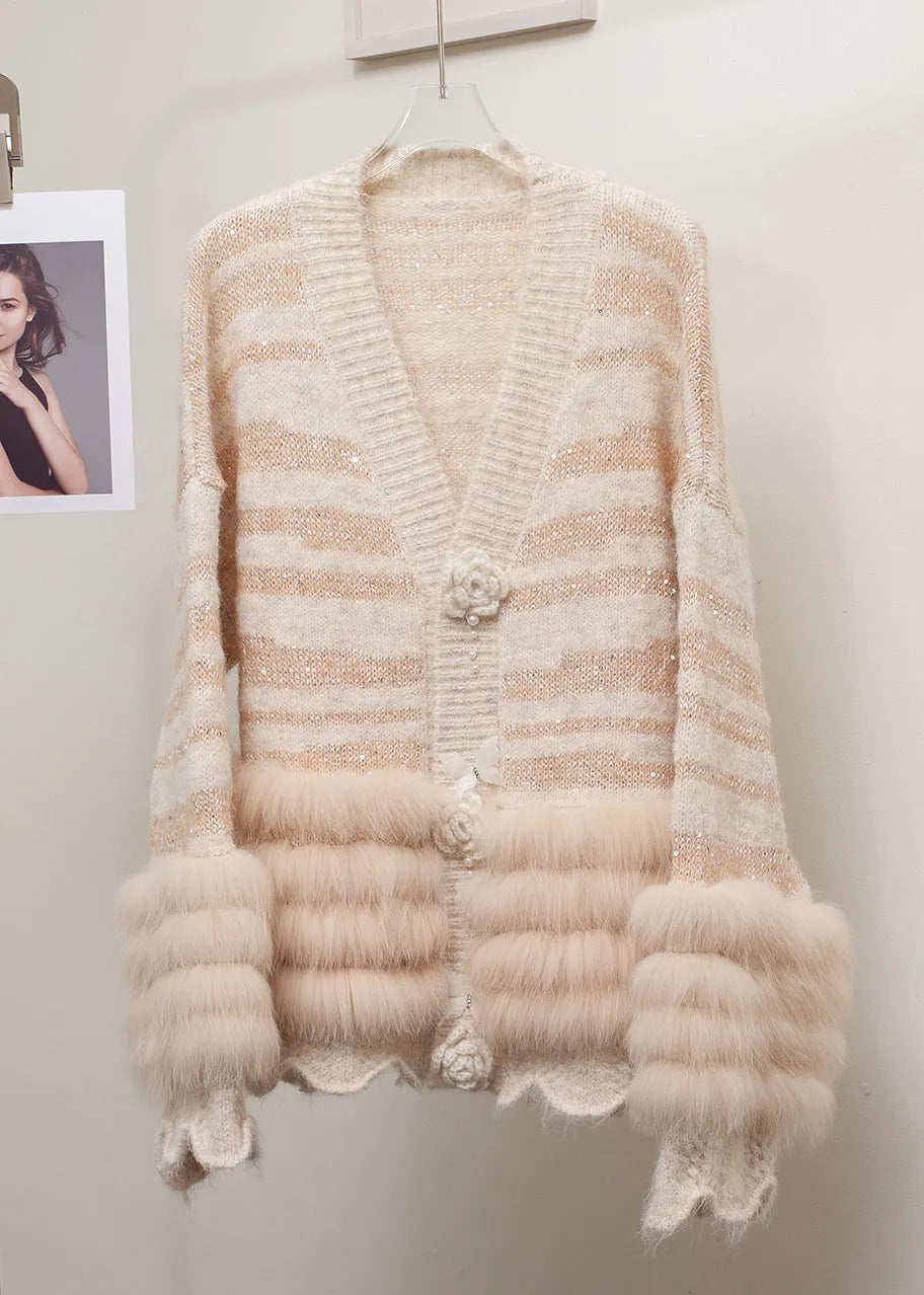 Striped Grey Fox Fur Patchwork Knit Cardigans Winter